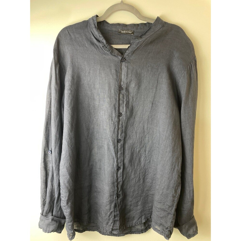 MADE IN ITALY womens XL 100 % linen navy blue button down long sleeve shirt